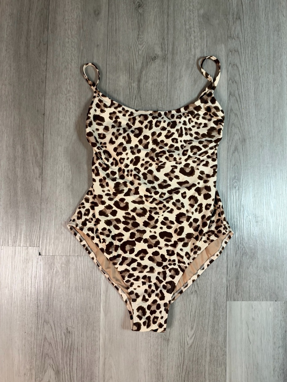 Kona Sol Leopard Print One Piece Swimsuit Beige Brown Adjustable Straps M